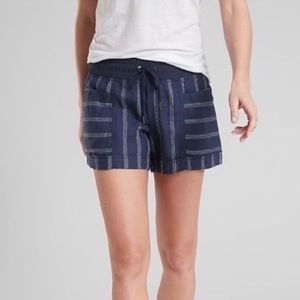 Athleta Cabo Linen 4” Navy and White Striped Boho Athletic Shorts Size 0